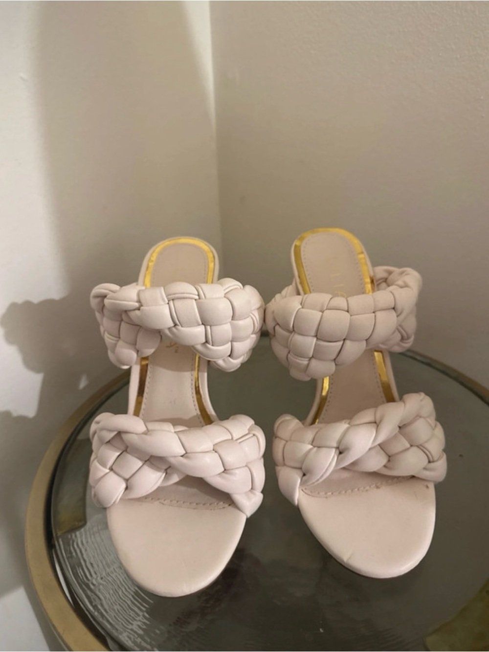 White Braided High Heel Slide Sandals